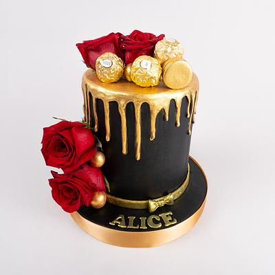 Torta alta de rosas rojas y bombones Ferrero Rocher
